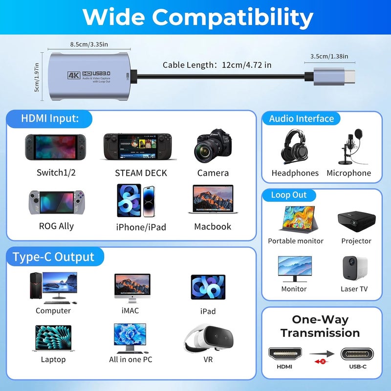 Guermok 4K@60FPS Capture Card for Streaming & Recording, 1080P@240FPS, USB 3.0 HDMI Camera Video Capture, 4K60 Passthrough, 3.5mm Audio in & Mic Out, Works with Switch 2/1, PS5/4, Xbox, Pad, Mac, PC - Image 3